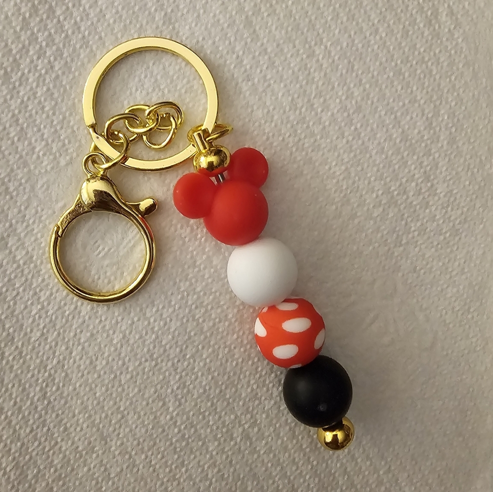 Handmade Colorful Beaded Keychain with Gold Accents, mickey head.